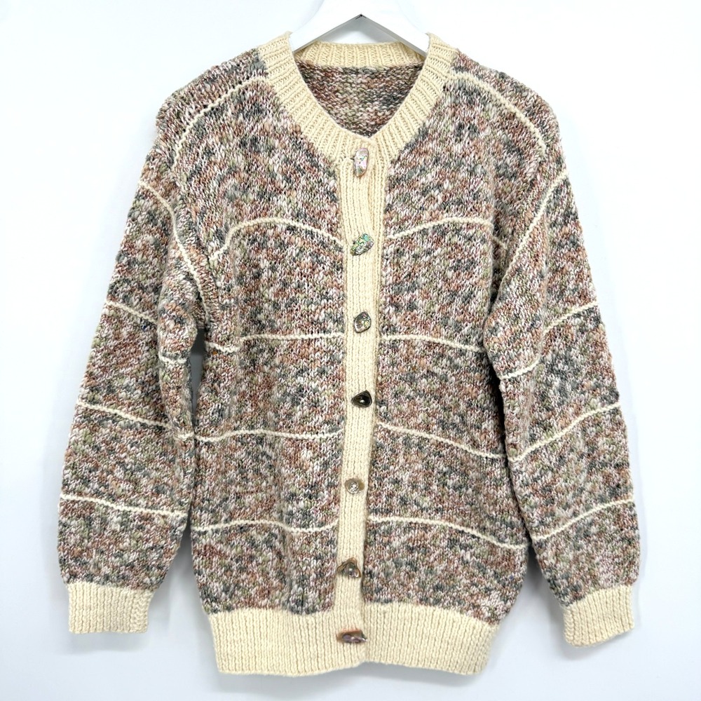 Vintage Hand Knit Marled Cardigan Sweater S M Chunky Abalone Shell Buttons Artsy
